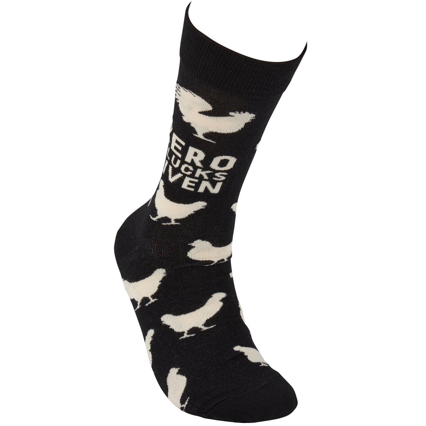 Black sock with white chicken illustrations and text on a white background