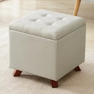 Tufted Square Storage Ottoman with Lift Off Lid - Linen Beige