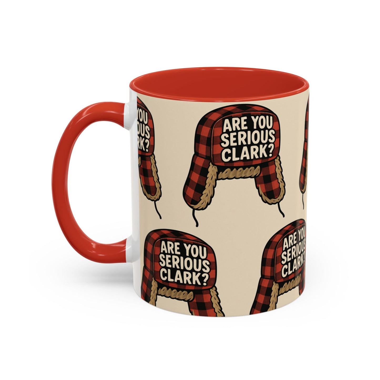 Mug with plaid hat design and 'Are You Serious Clark?' text on a beige background