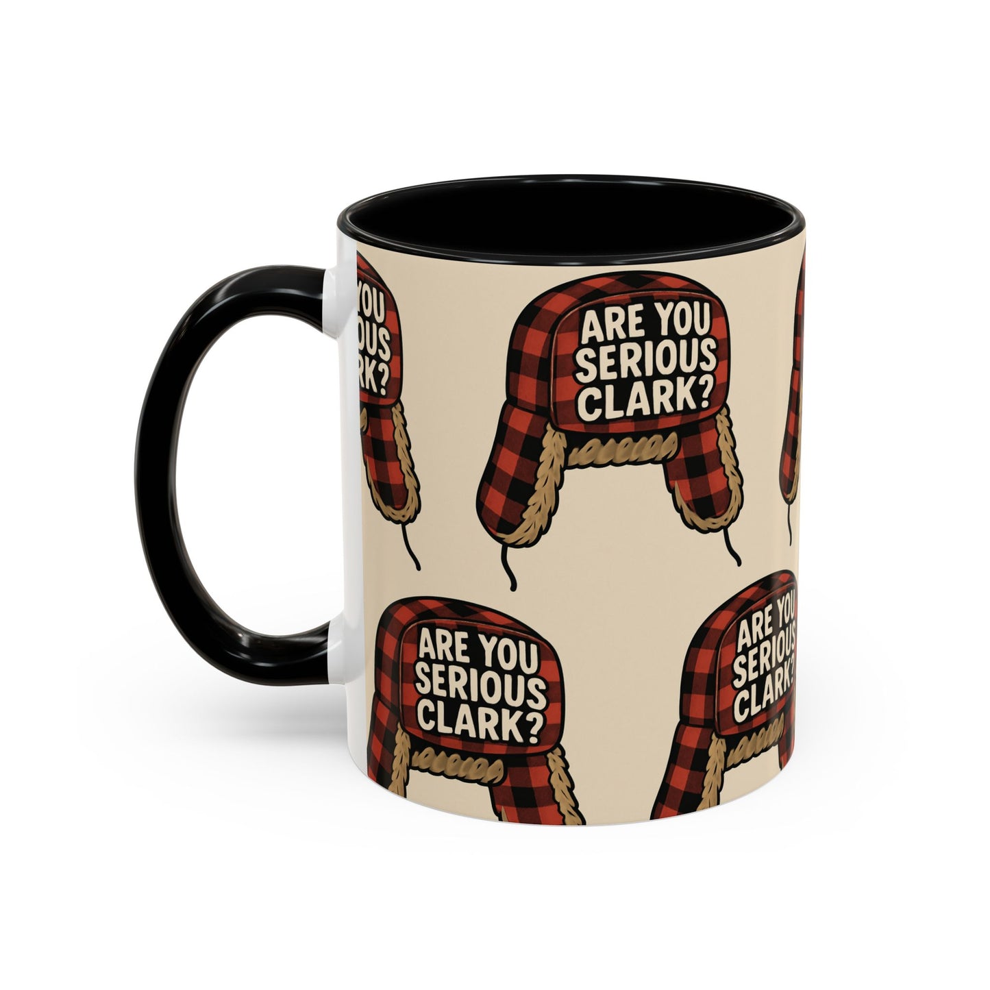 Mug with plaid hats and text 'Are you serious Clark?' on a beige background