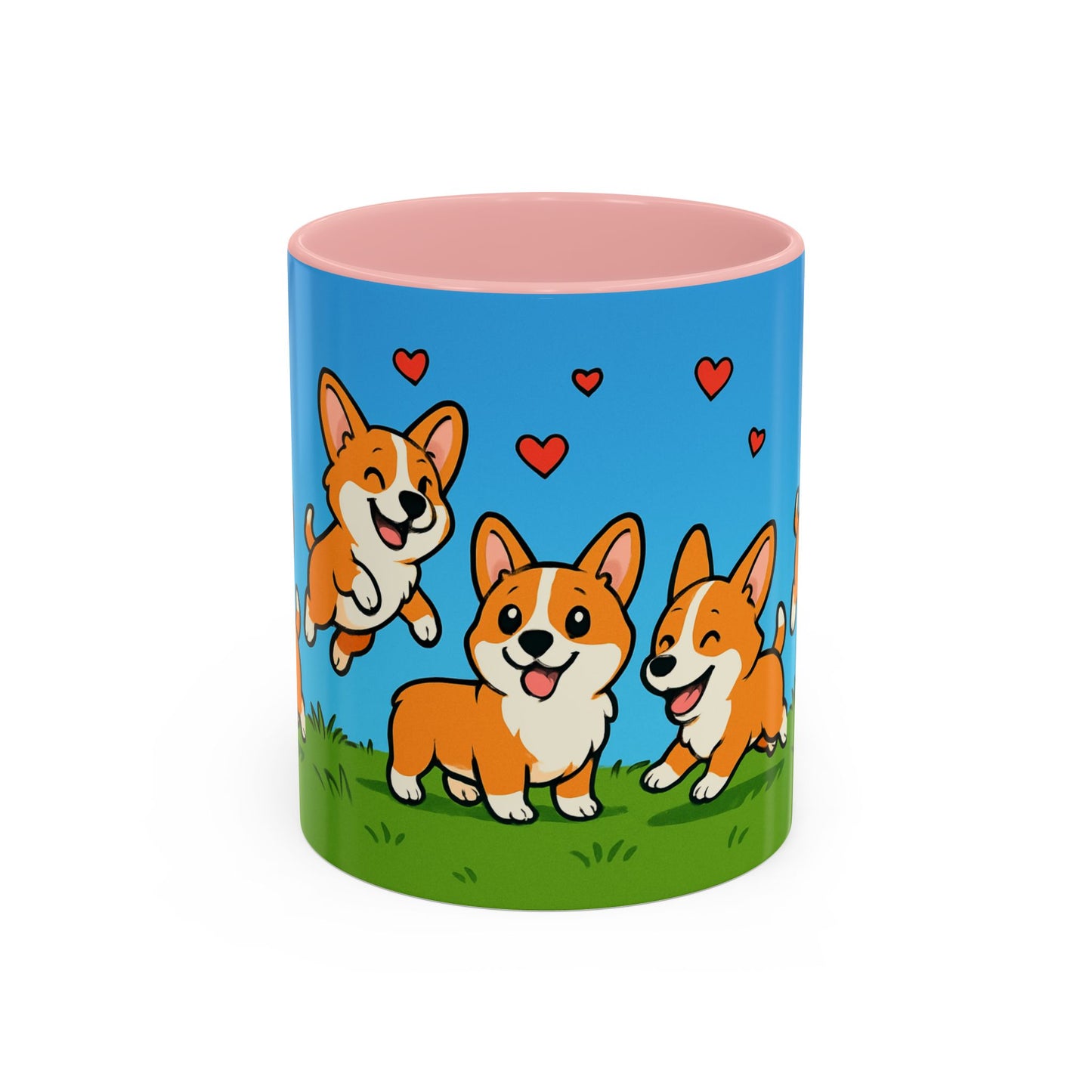 Mug with cartoon corgis and hearts on a blue background