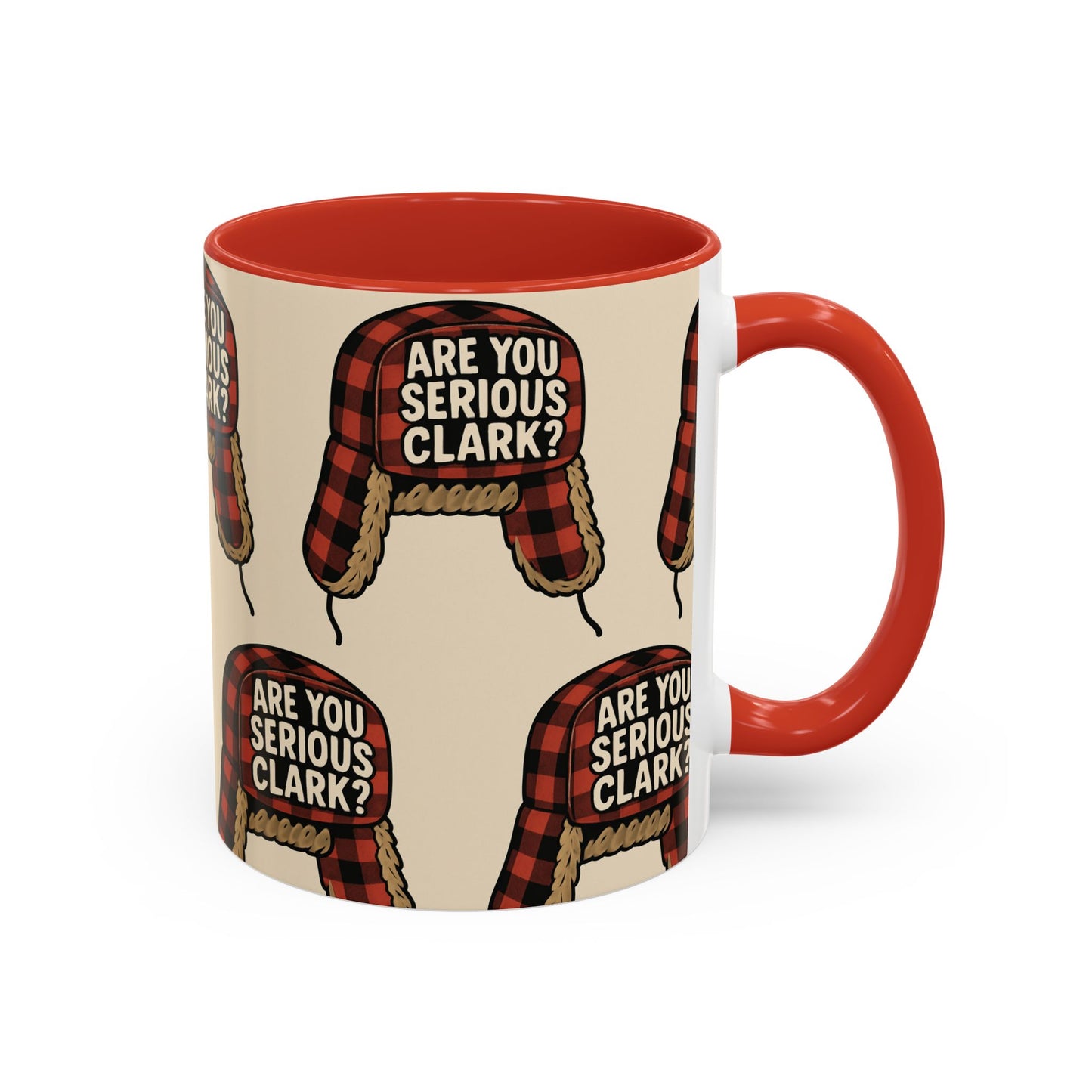 Mug with plaid hat design and 'Are you serious Clark?' text on a white background