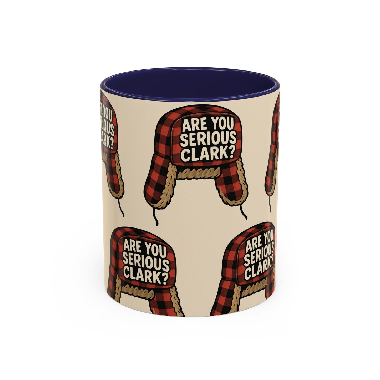 Mug with plaid hats and text 'Are You Serious Clark?' on a beige background