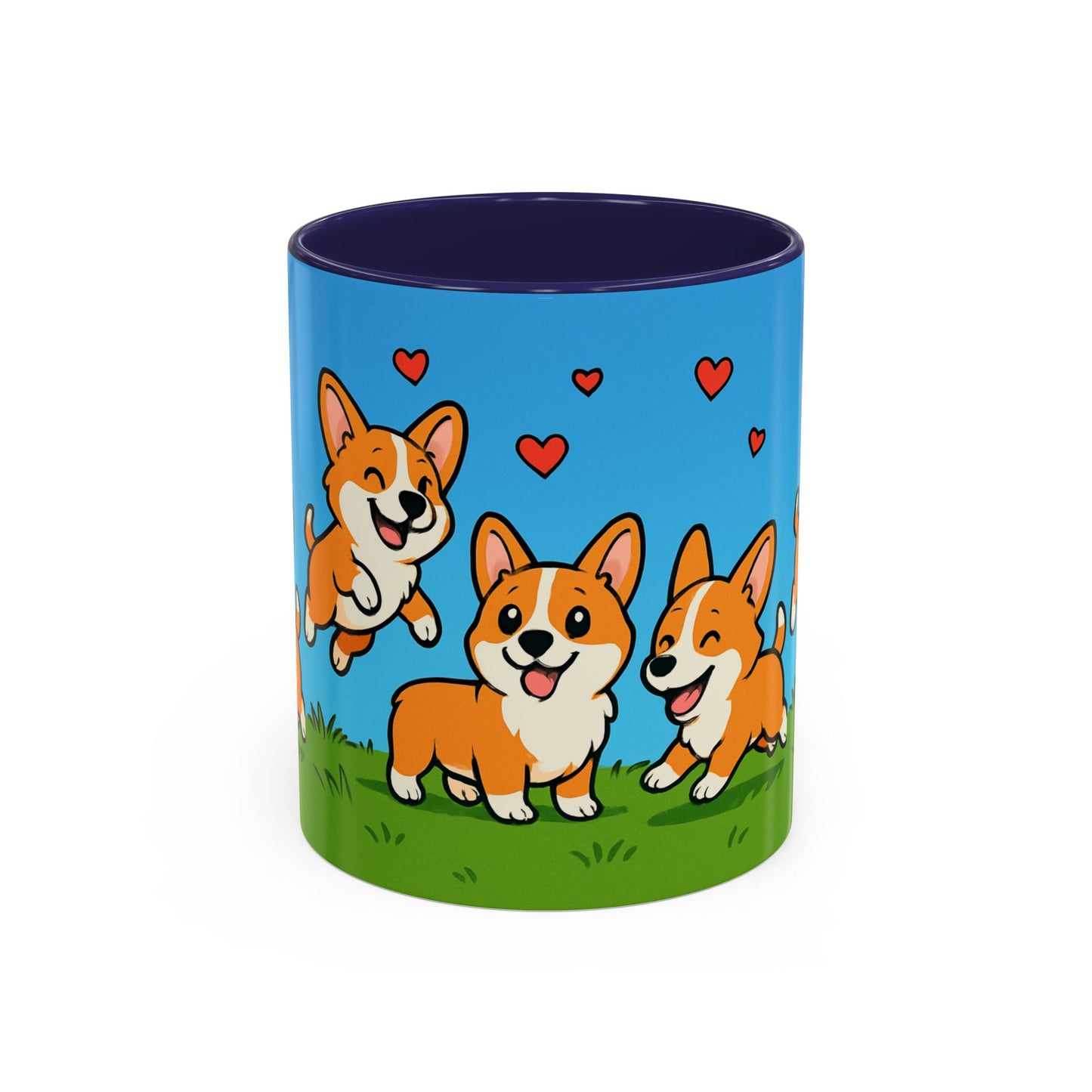 Mug with cartoon corgis and hearts on a blue background