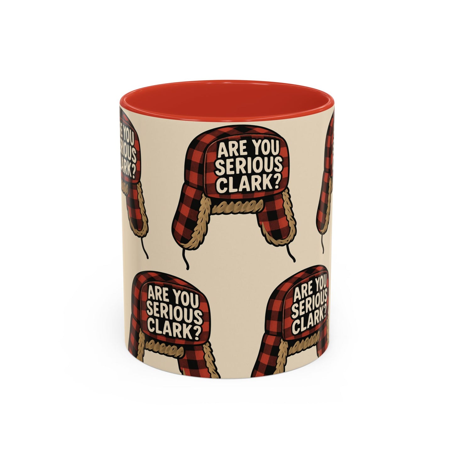 Mug with plaid hat design and 'Are You Serious Clark?' text on a beige background