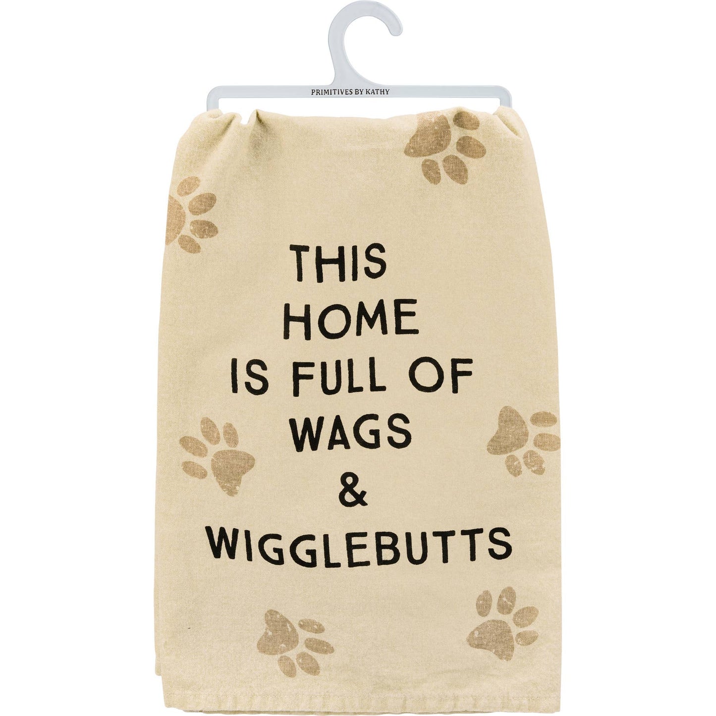 Beige towel with paw prints and text 'This home is full of wags & wigglebutts' on a white background
