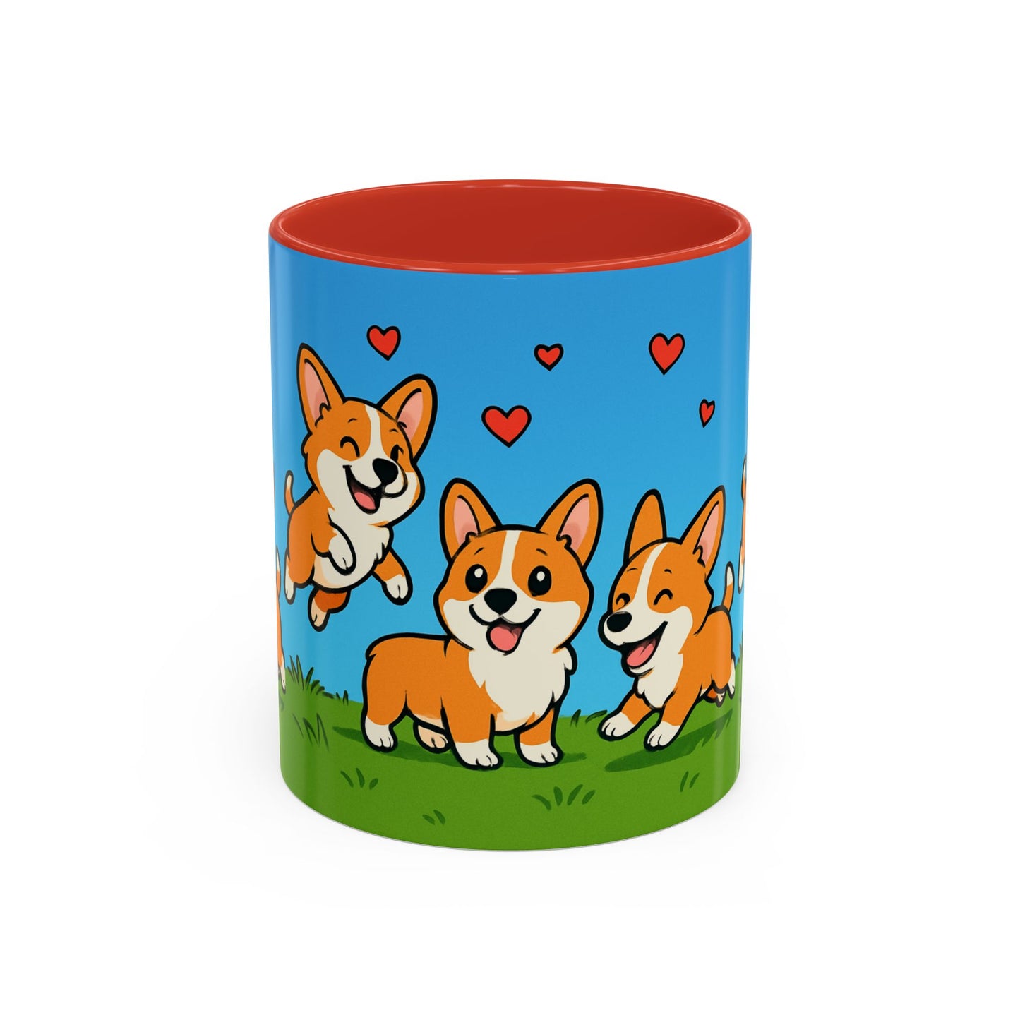 Mug with cartoon corgis and hearts on a blue background