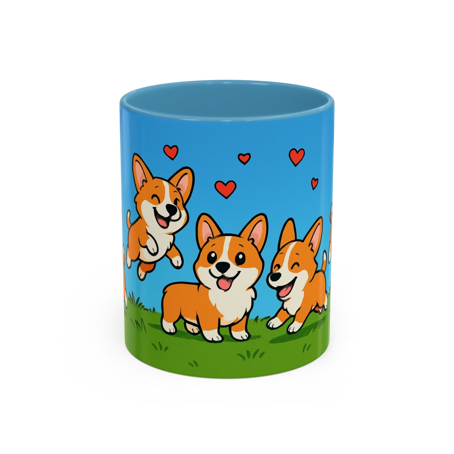 Blue mug with cartoon corgis and hearts on a white background