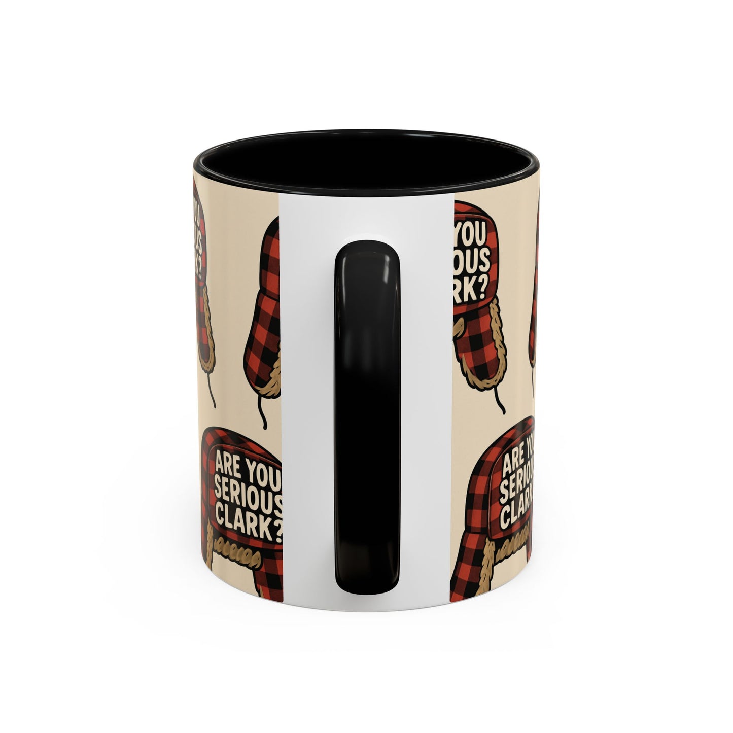 Mug with plaid pattern and text 'Are you serious, Clark?' on a white background