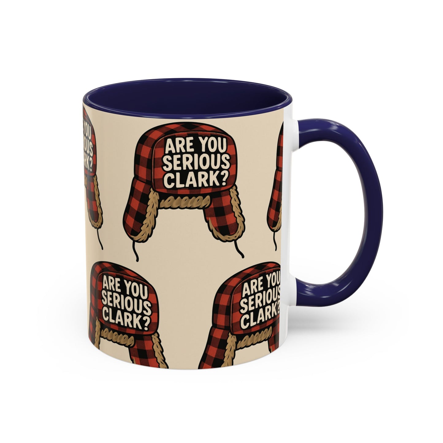 Mug with plaid hat design and text 'Are You Serious Clark?' on a beige background
