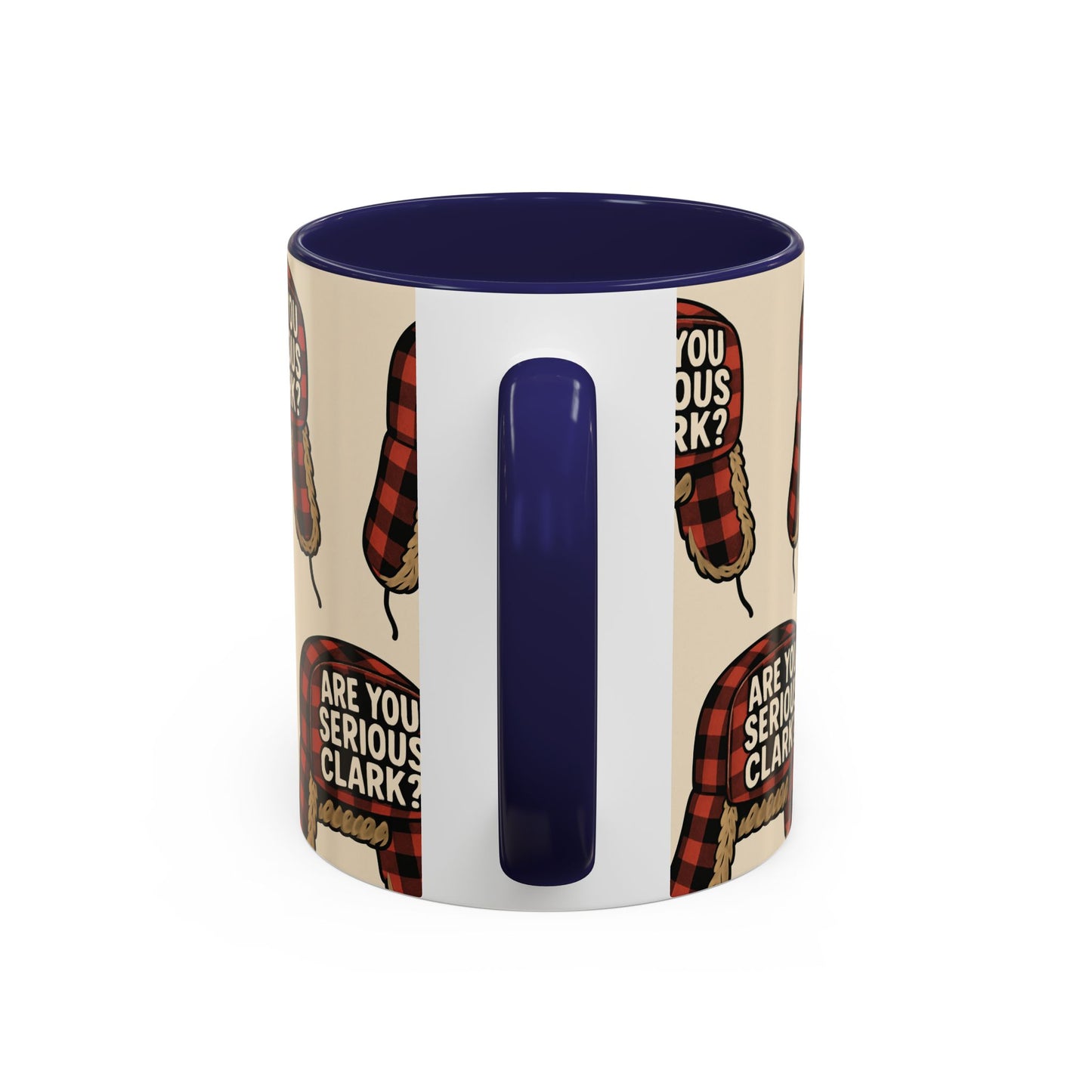 Mug with plaid pattern and text 'Are you serious, Clark?' on a white background