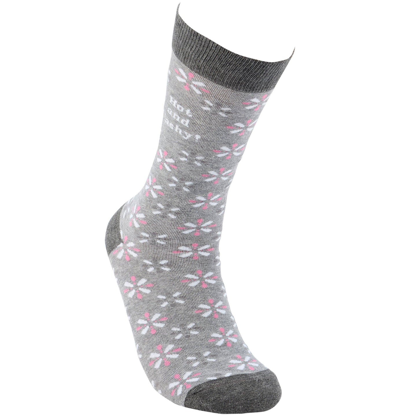Gray sock with pink floral pattern on a white background