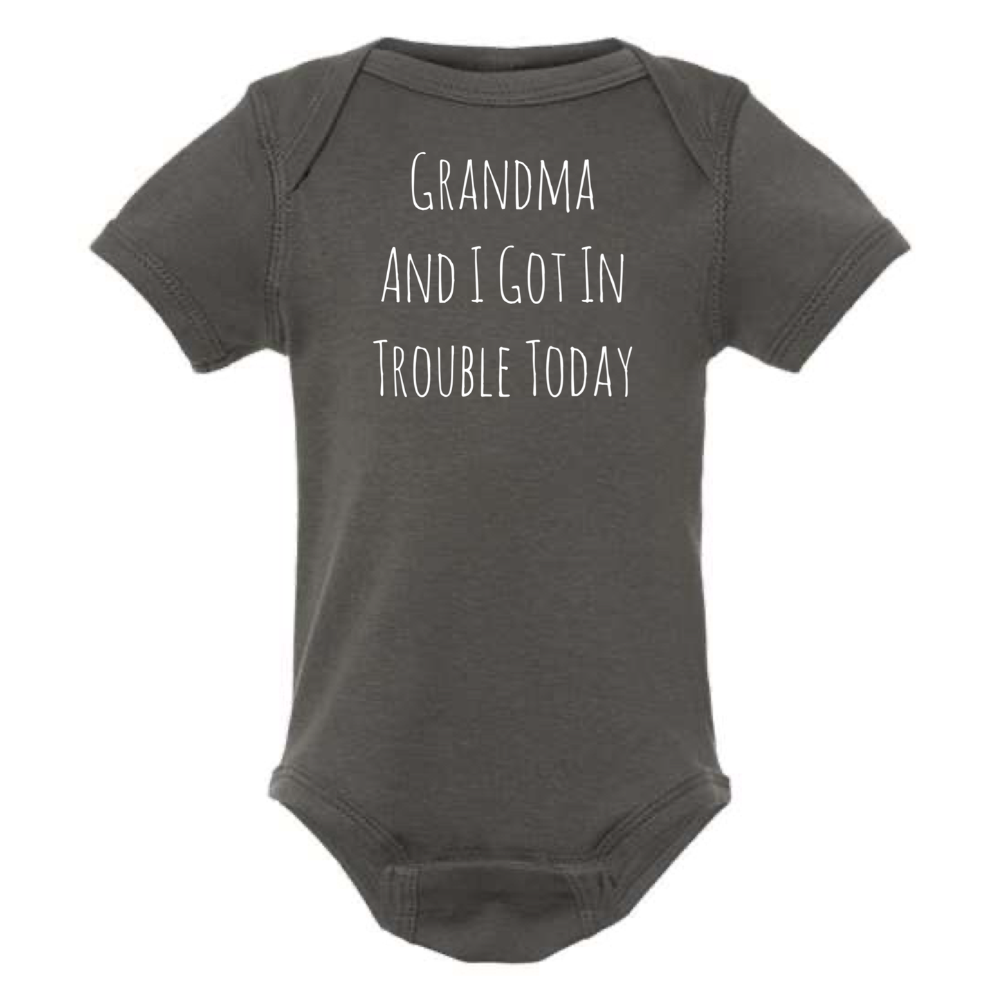 Dark gray baby onesie with white text on a white background