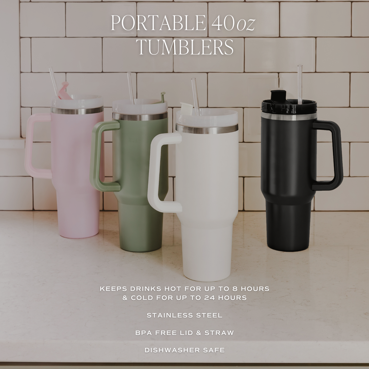Four portable tumblers in different colors with handles on a tiled wall background.