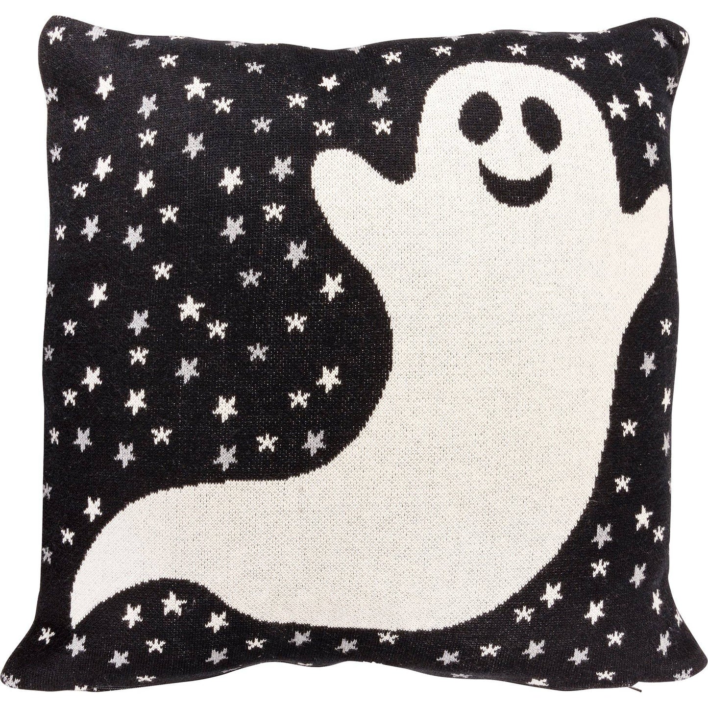 Decorative pillow with a ghost design on a black background with white stars