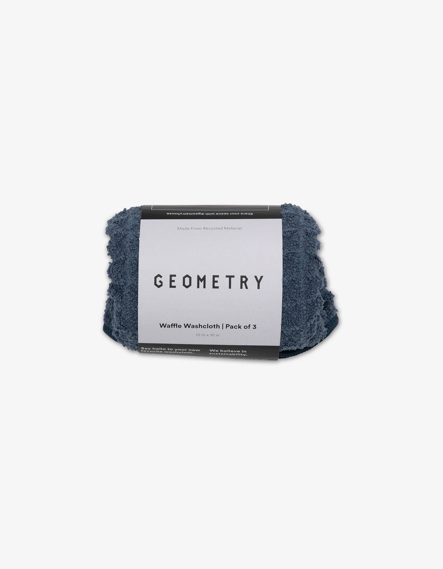 Pack of waffle washcloths with 'Geometry' branding on a white background