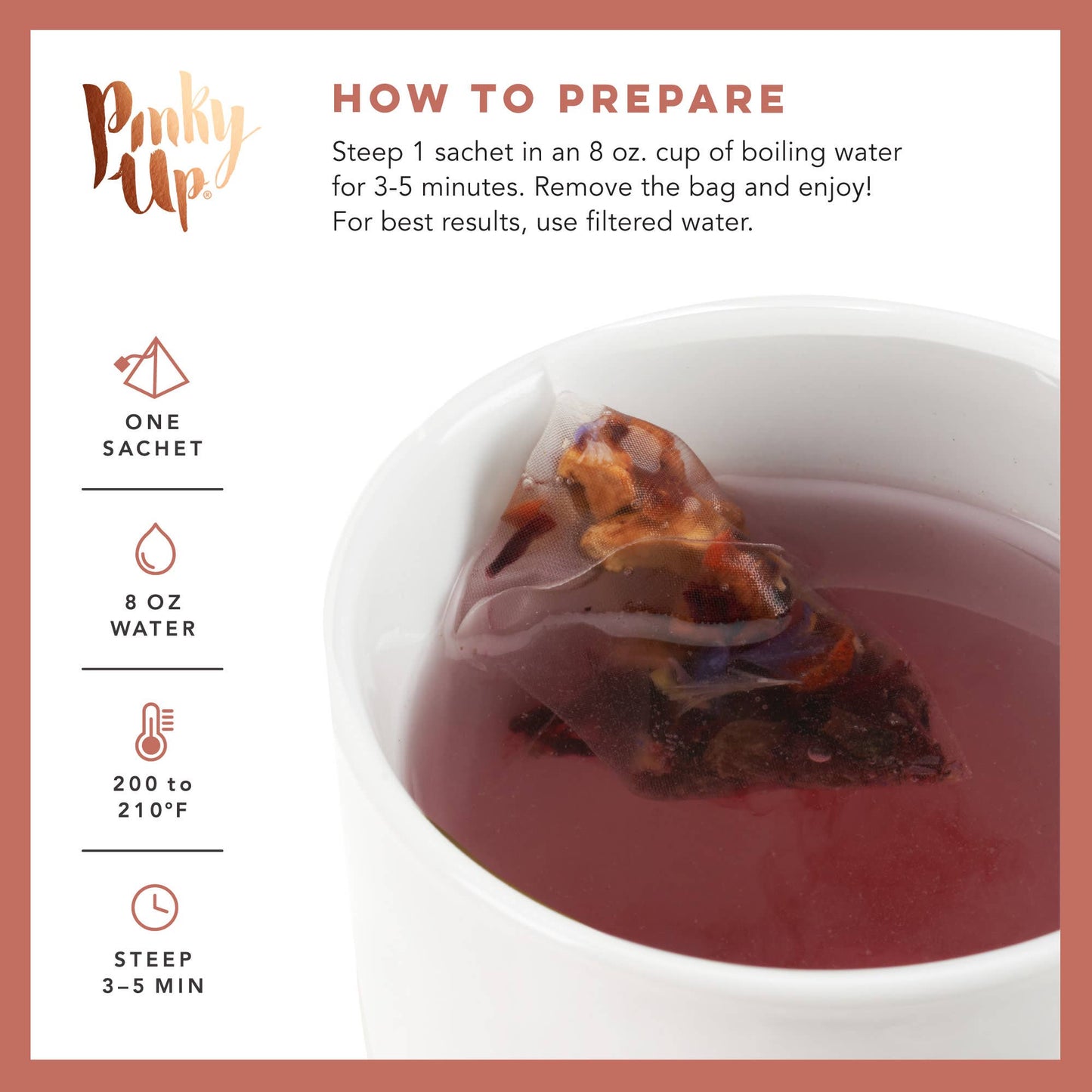 Tea bag steeping in a cup of water with preparation instructions on a white background.