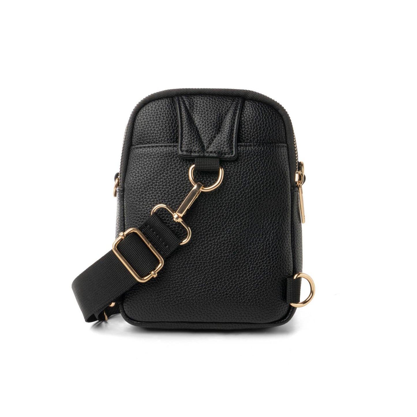 Black leather crossbody bag with gold hardware on a white background
