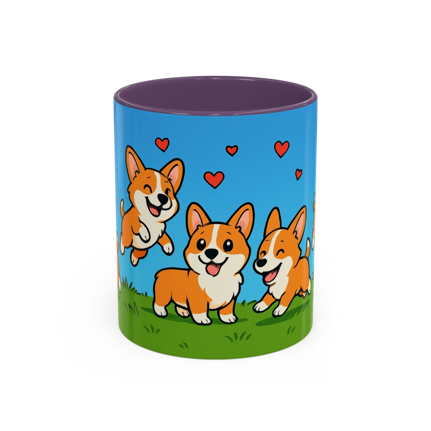Mug with cartoon corgis and hearts on a blue background