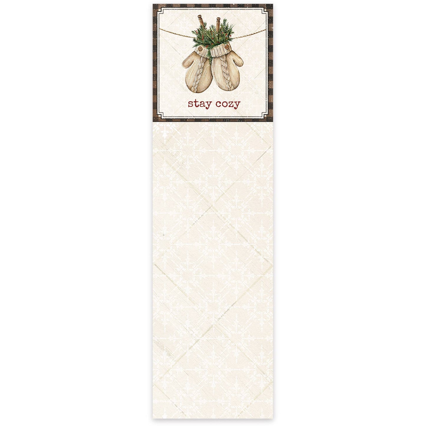 Notepad with mitten design and 'stay cozy' text on a white background