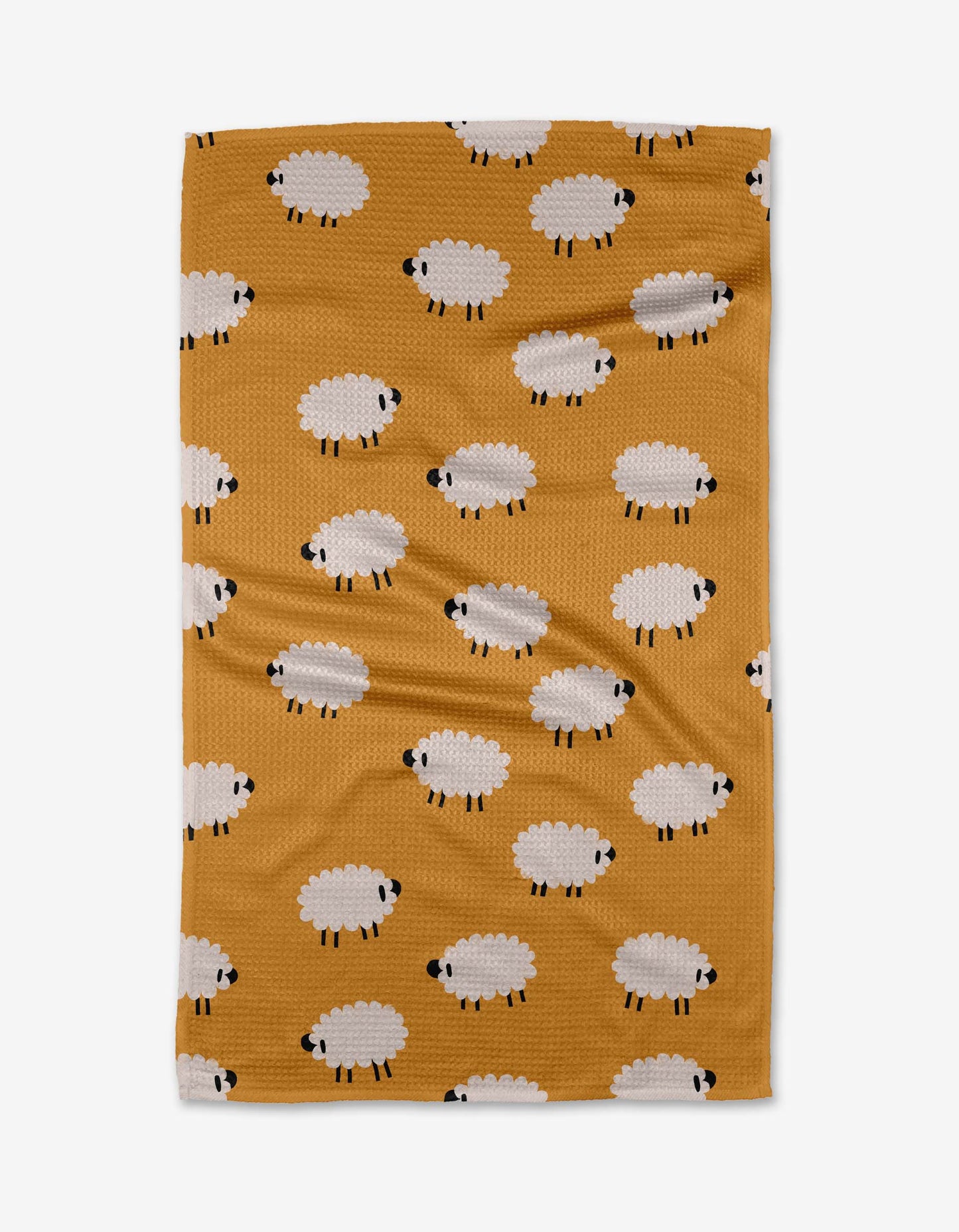 Geometry Tea Towel with sheep pattern on a mustard yellow background