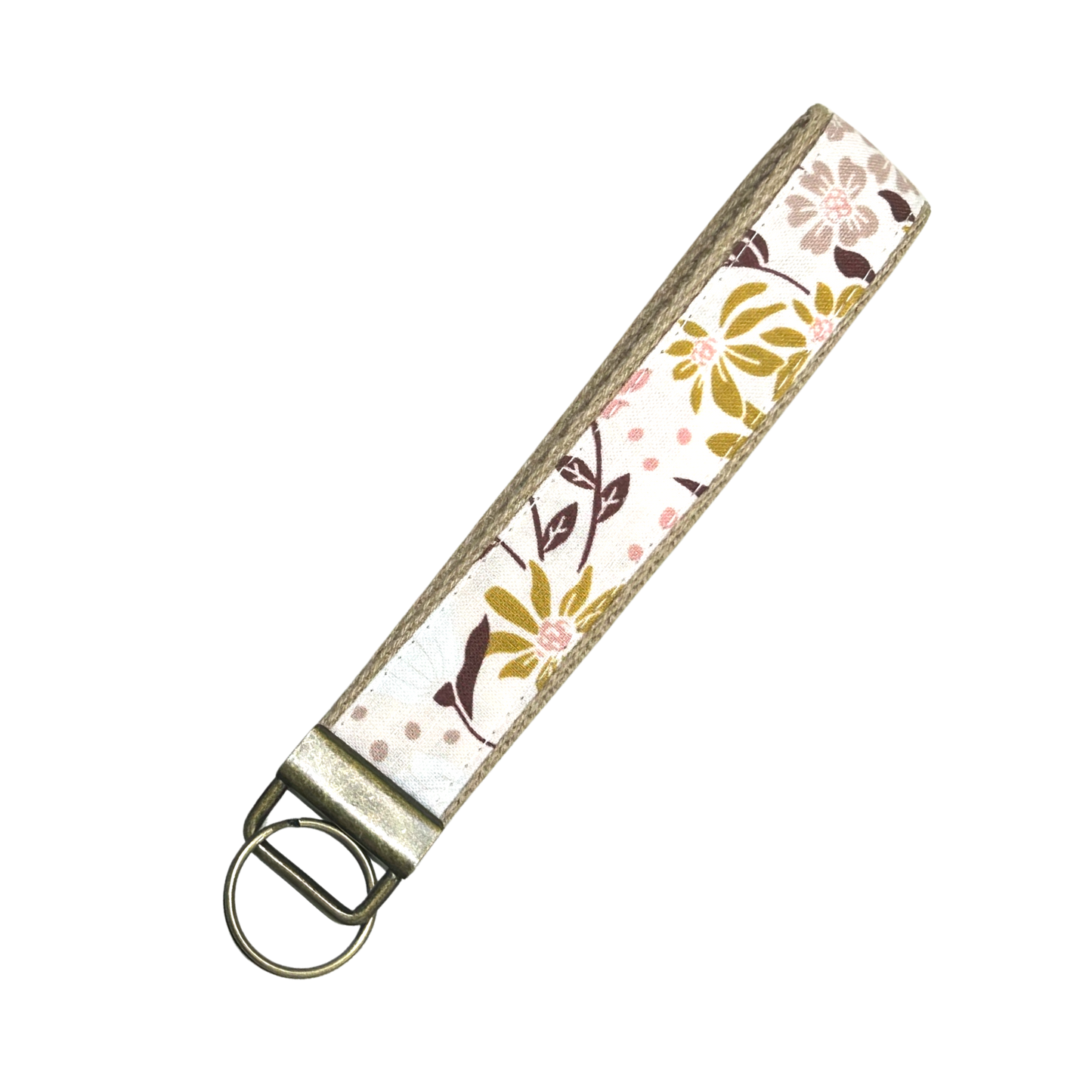 Floral patterned keychain with a metal ring on a white background