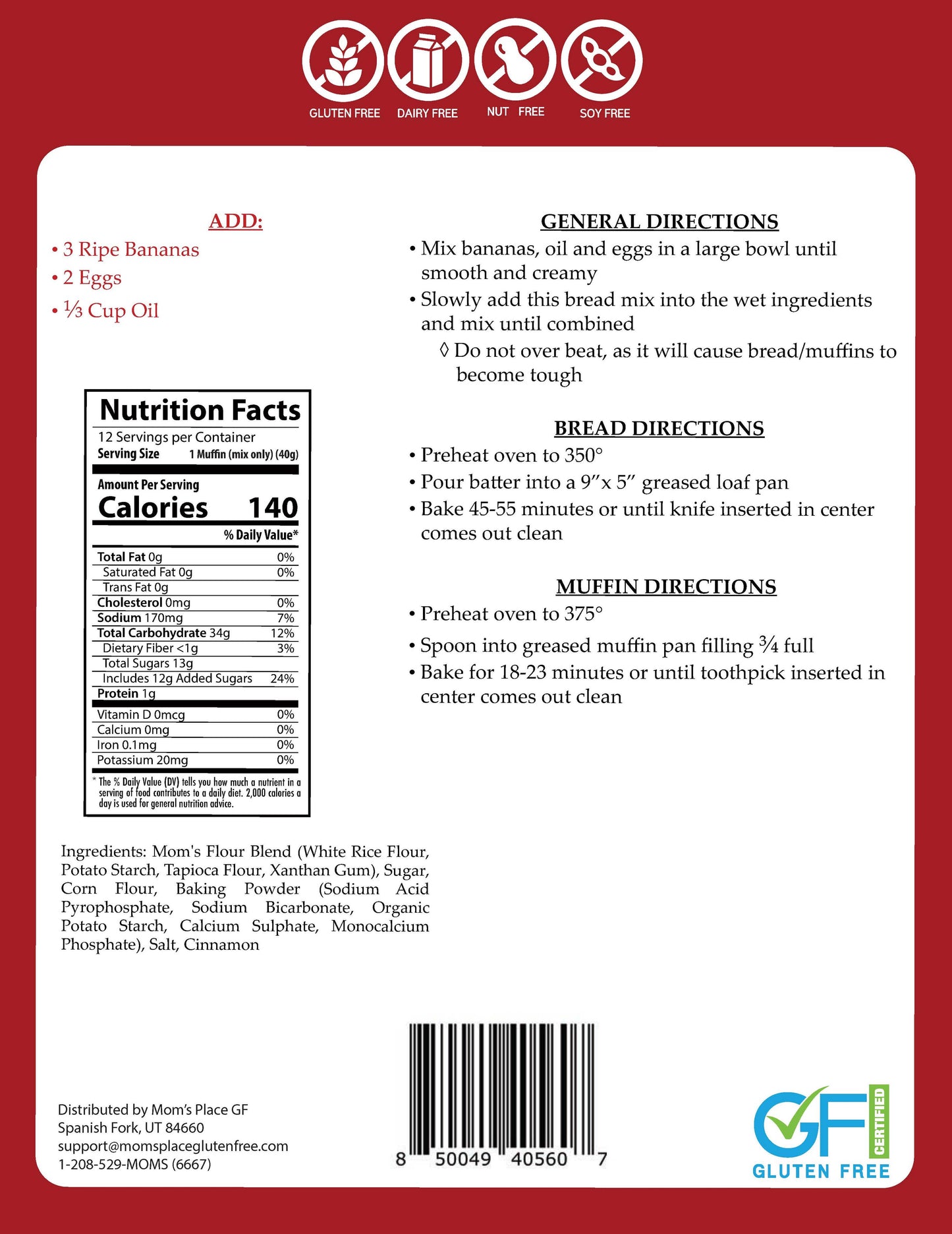 Back of a food package with nutrition facts, ingredients, and preparation directions on a red background.
