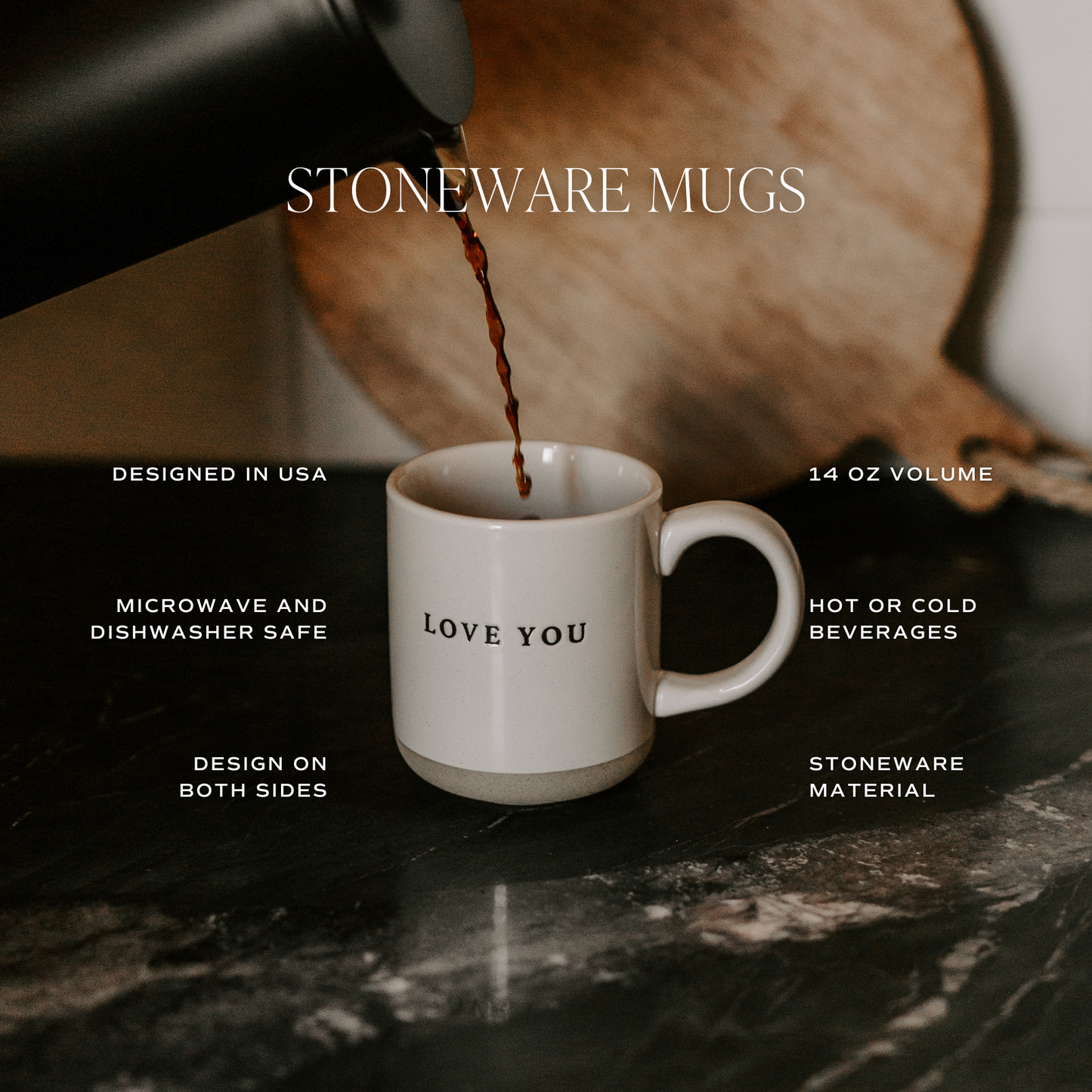 Stoneware mug with 'LOVE YOU' text being filled with coffee, on a dark surface.