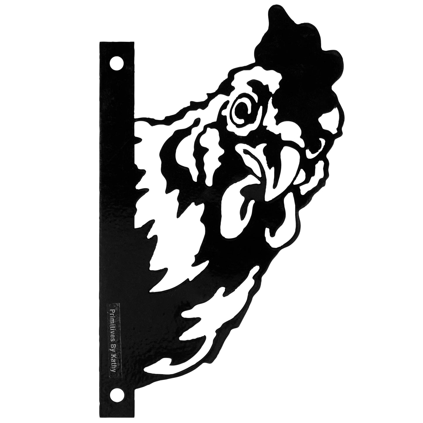 Metal wall art with a rooster design on a white background