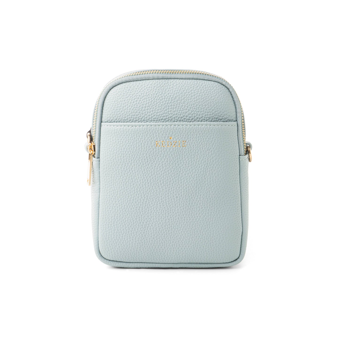 Light blue leather crossbody bag on a white background