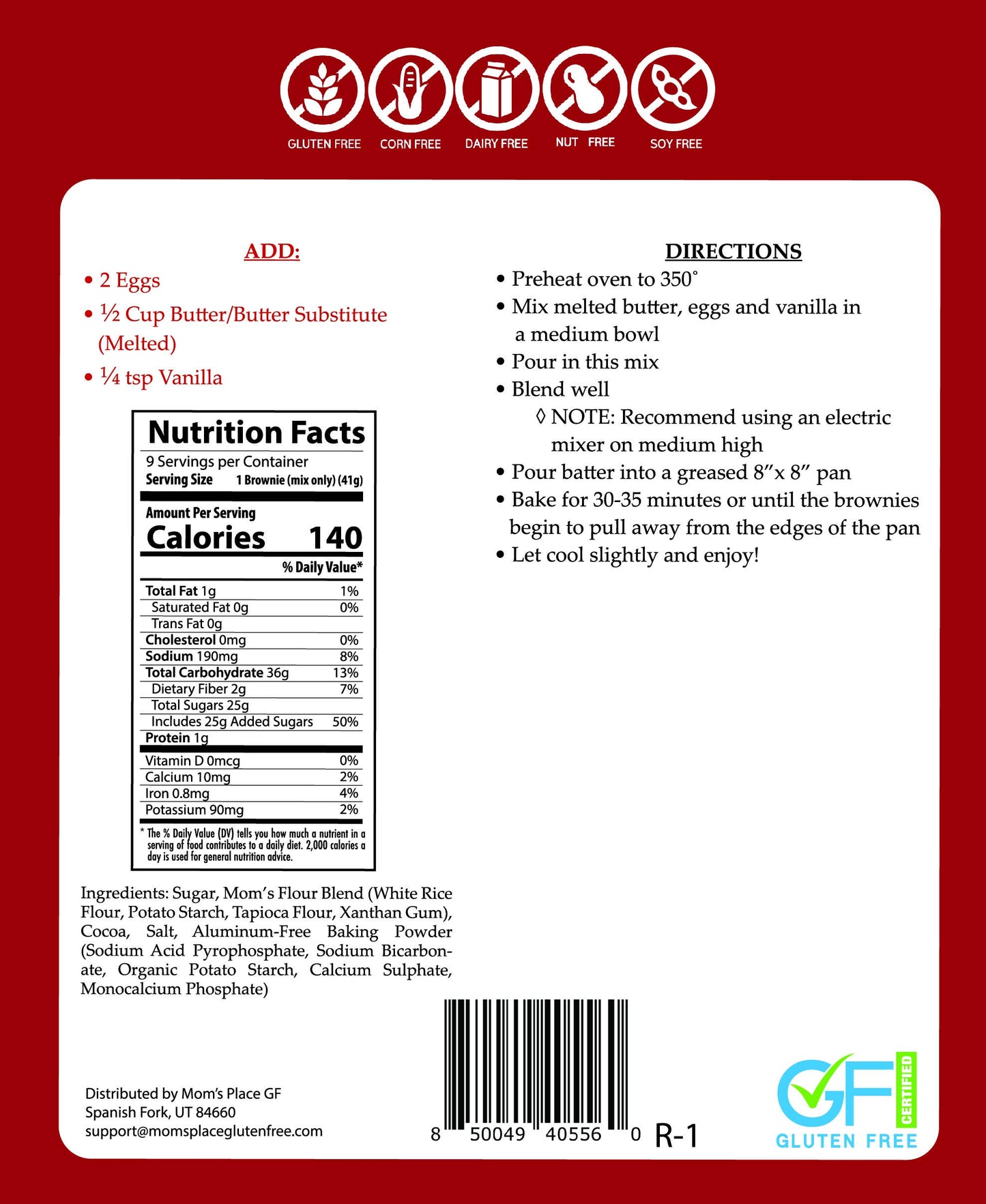 Back of a food package with nutrition facts, ingredients list, and GFI logo on a red background.