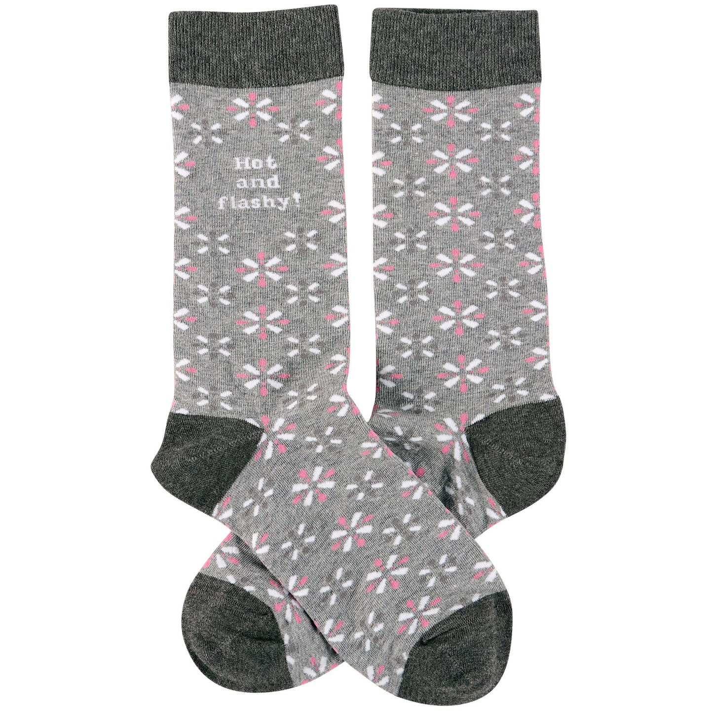 Gray socks with pink floral pattern and black cuffs and toes on a white background