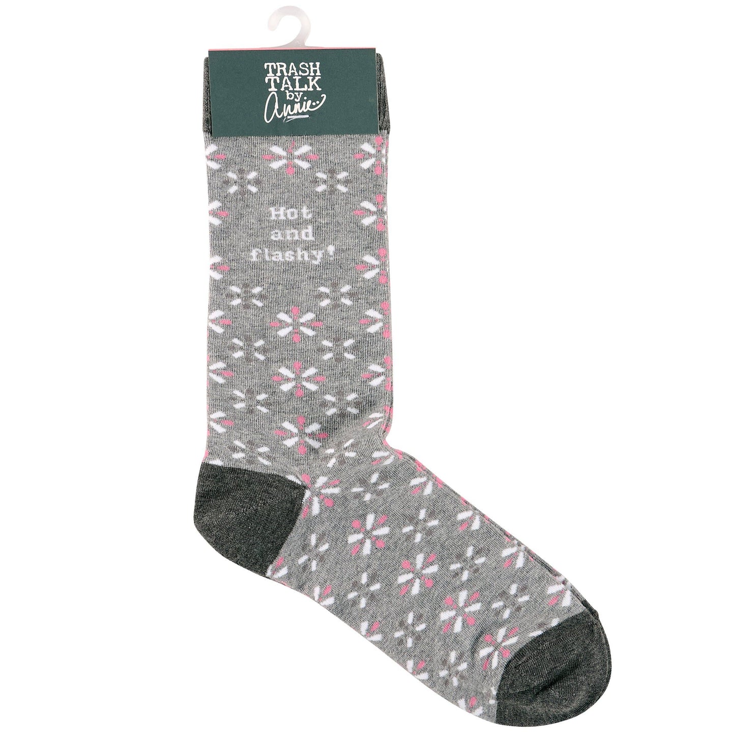 Gray sock with pink floral pattern and text 'Hot and flashy' on a white background