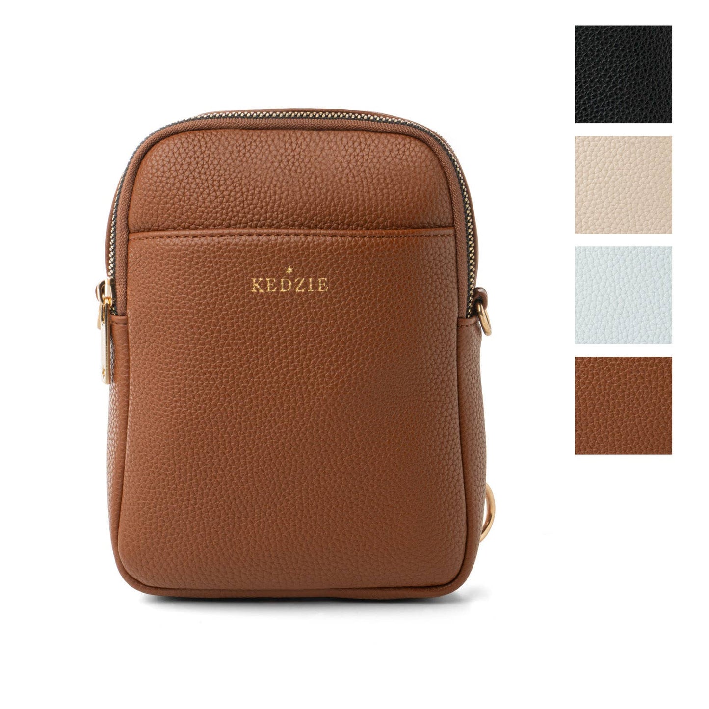 Brown leather crossbody bag with color swatches on a white background