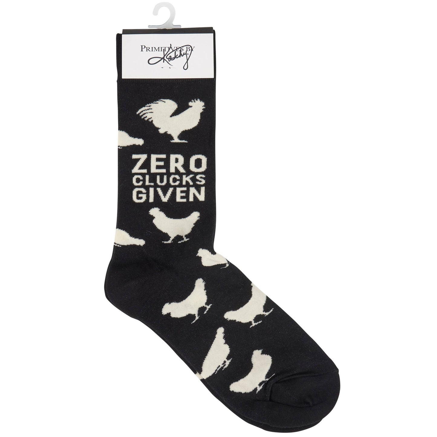 Black sock with rooster designs and 'Zero Clucks Given' text on a white background