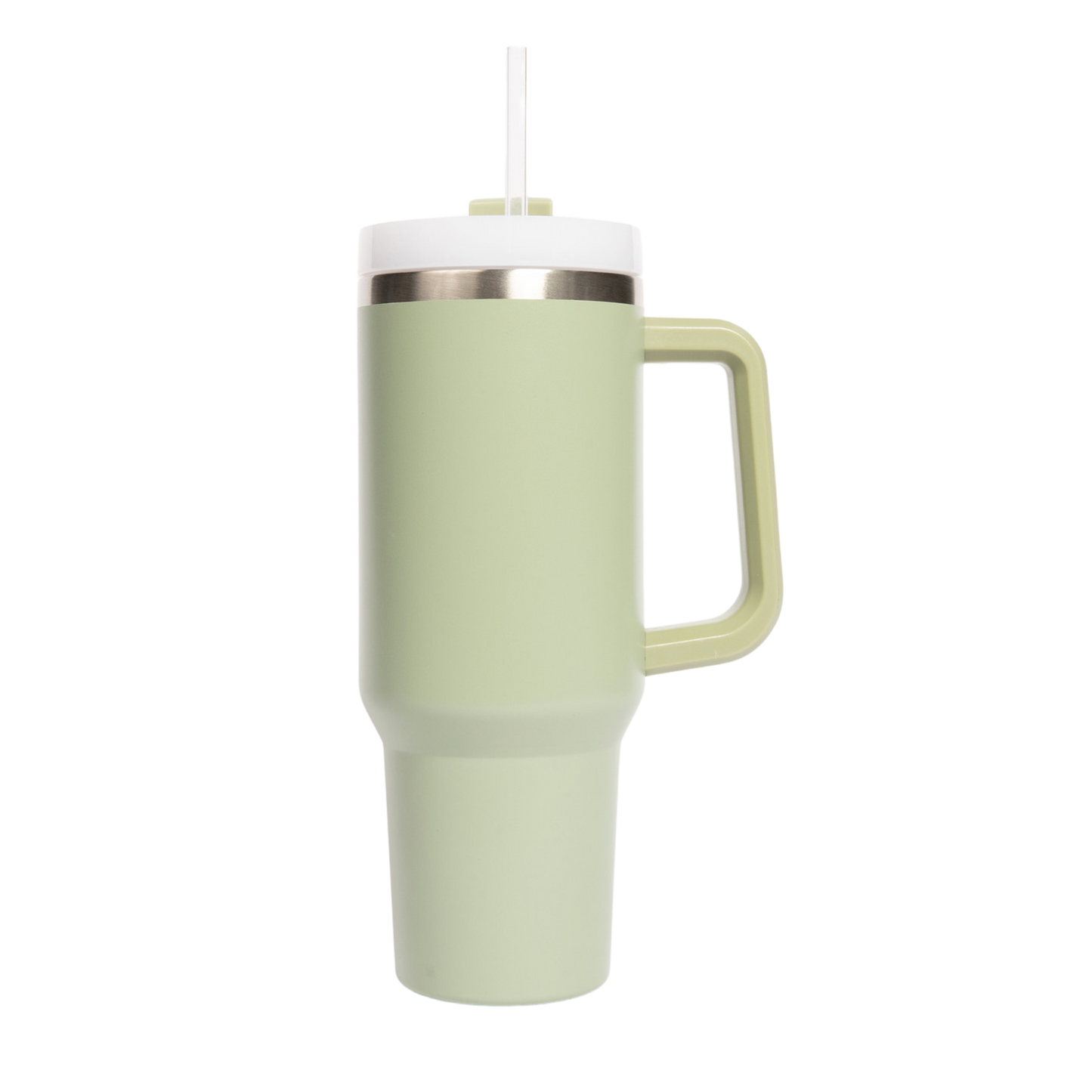 Light green insulated mug with handle on a white background