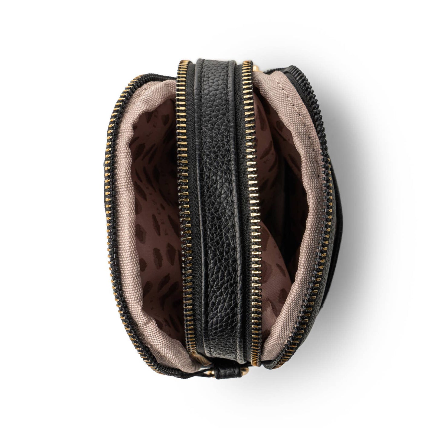 Open black leather wallet with zipper details on a white background