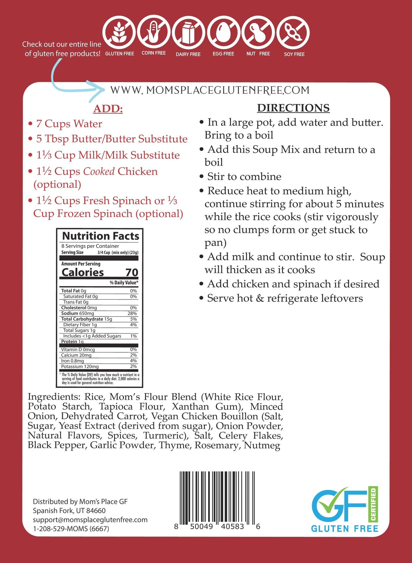 Back of a gluten-free soup package with directions, nutrition facts, and branding.