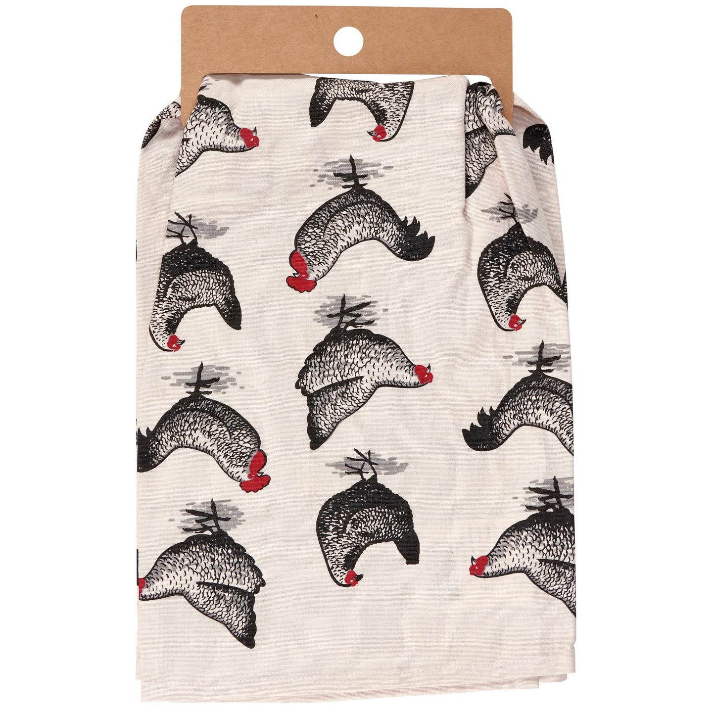 Tea towel with rooster pattern on a cardboard backing