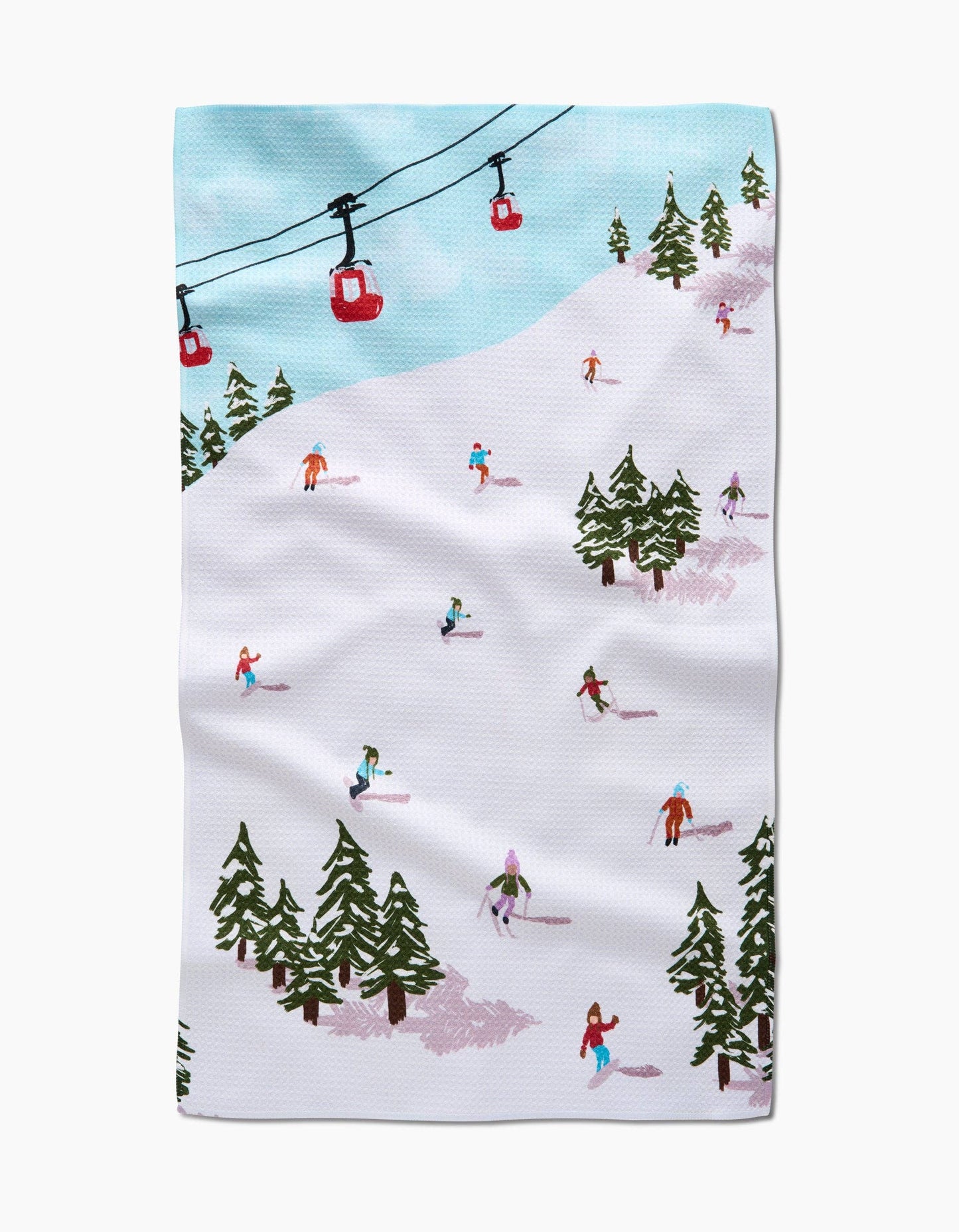 Ski resort scene with people skiing and a ski lift on a white background