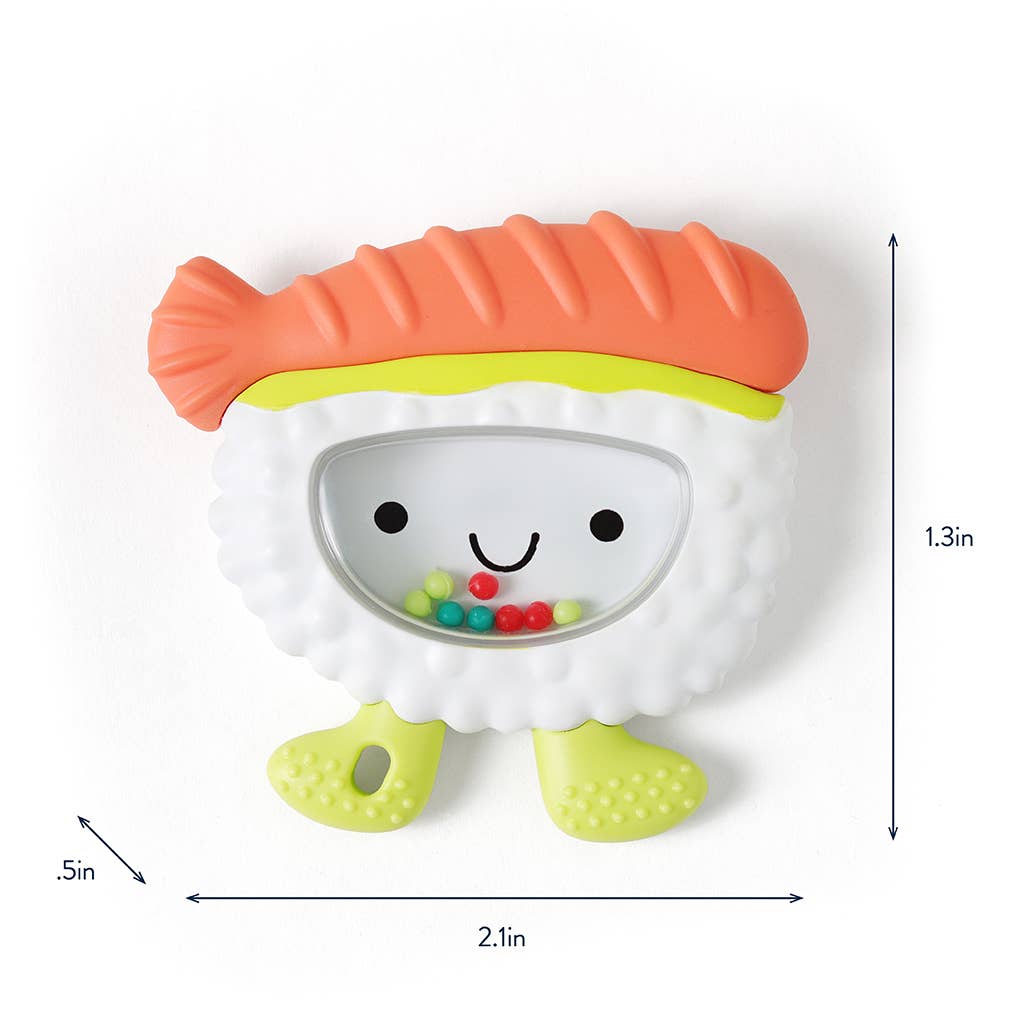 Sushi-shaped toy with dimensions on a white background