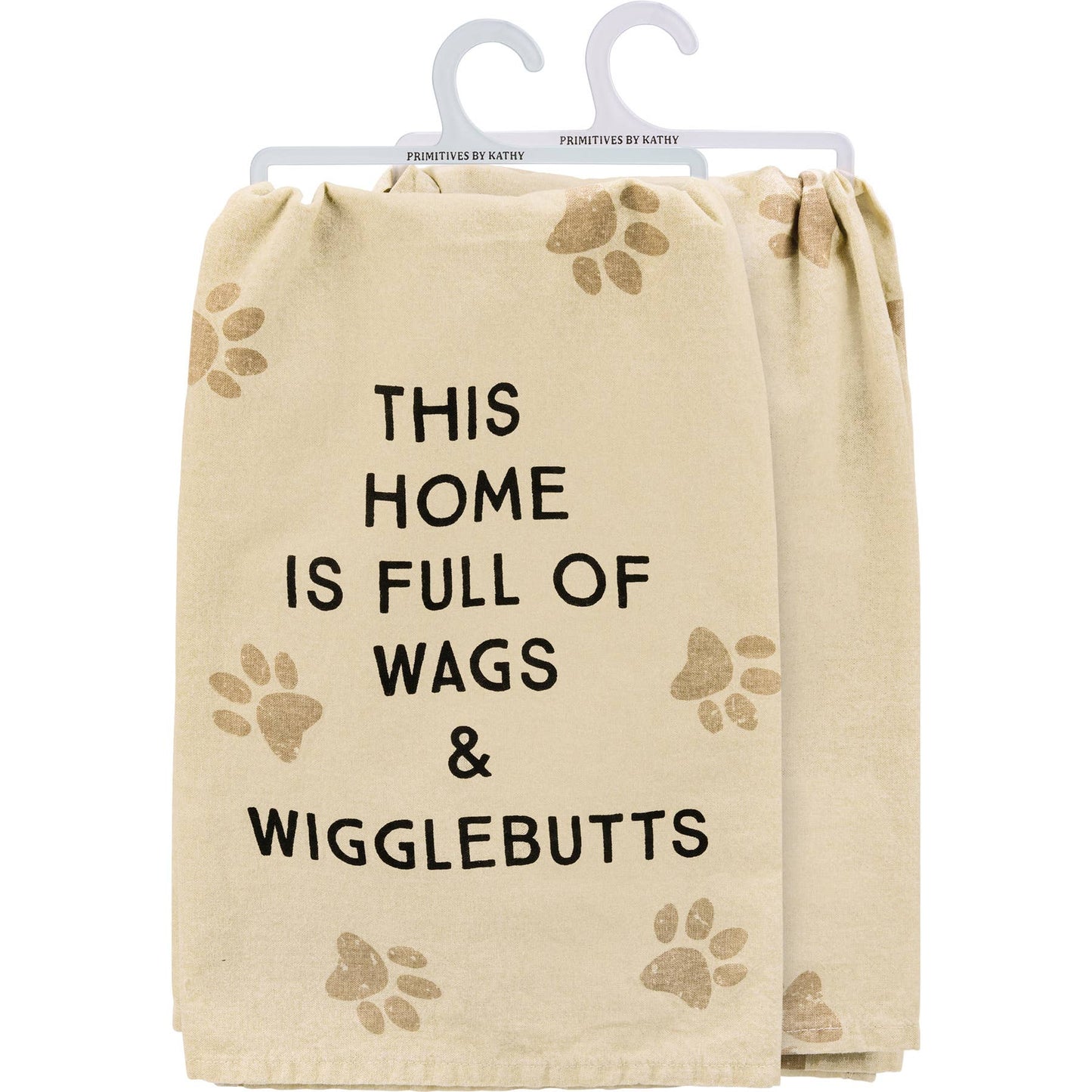 Beige towel with paw prints and text 'This home is full of wags & wigglebutts' on a white background