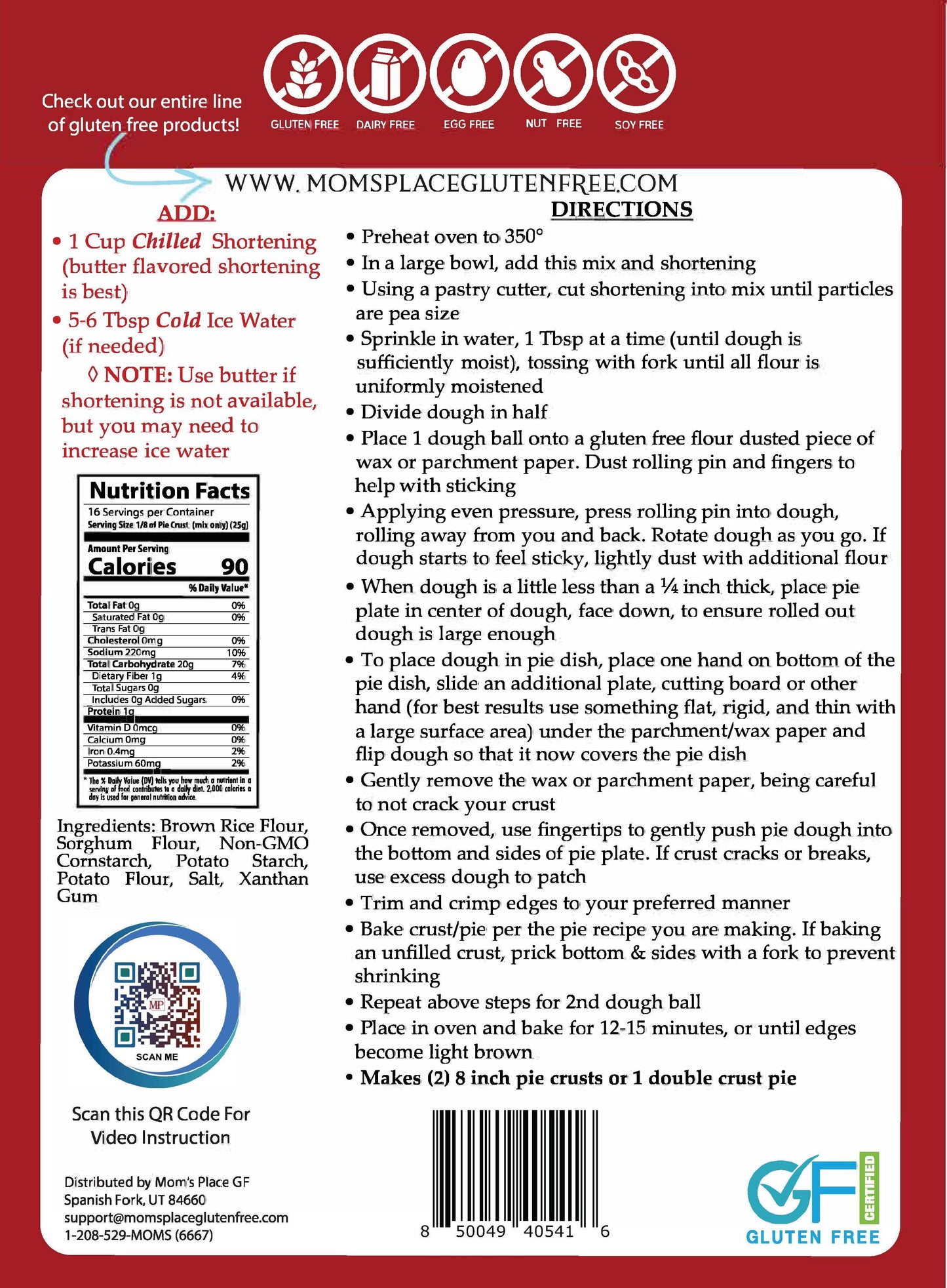 Back of a gluten-free pie crust package with nutritional information, ingredients, and preparation directions.