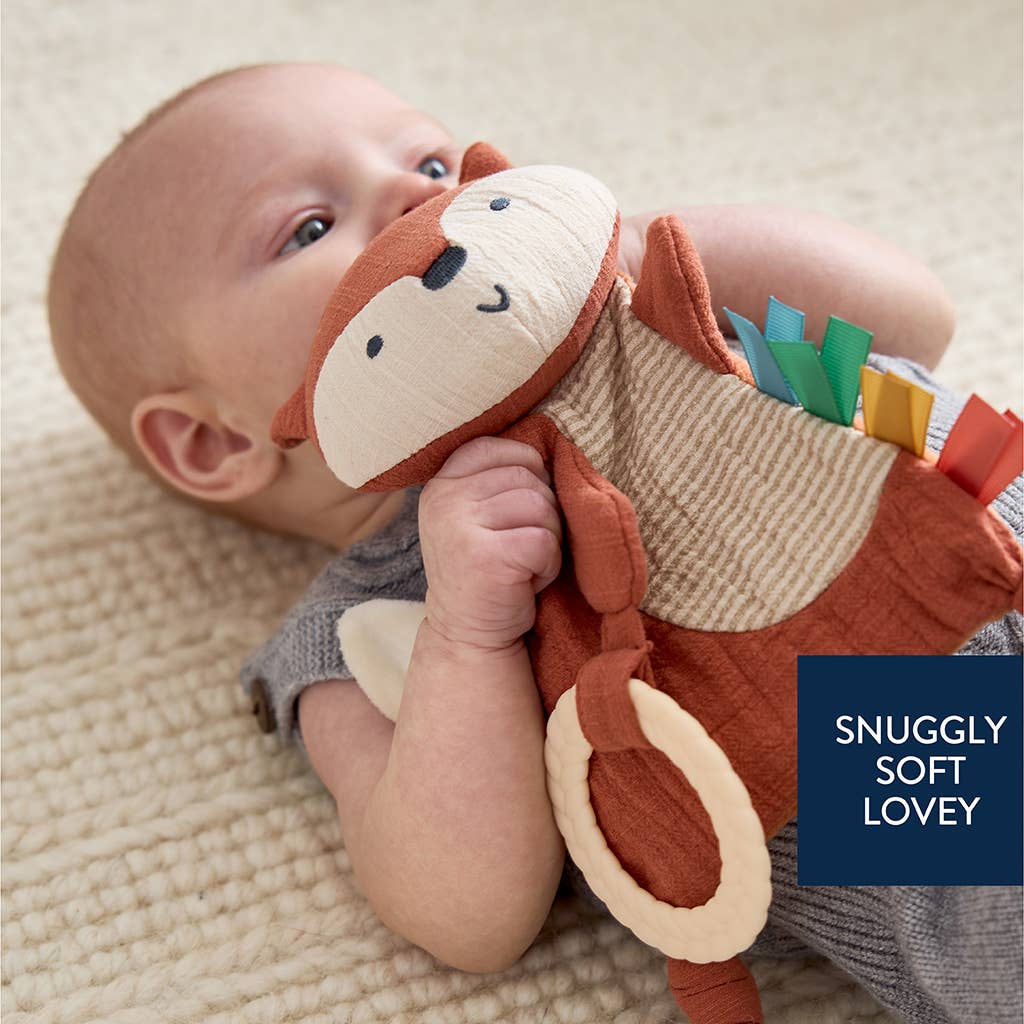Baby holding a soft toy with text 'Snuggly Soft Lovey' on a beige background