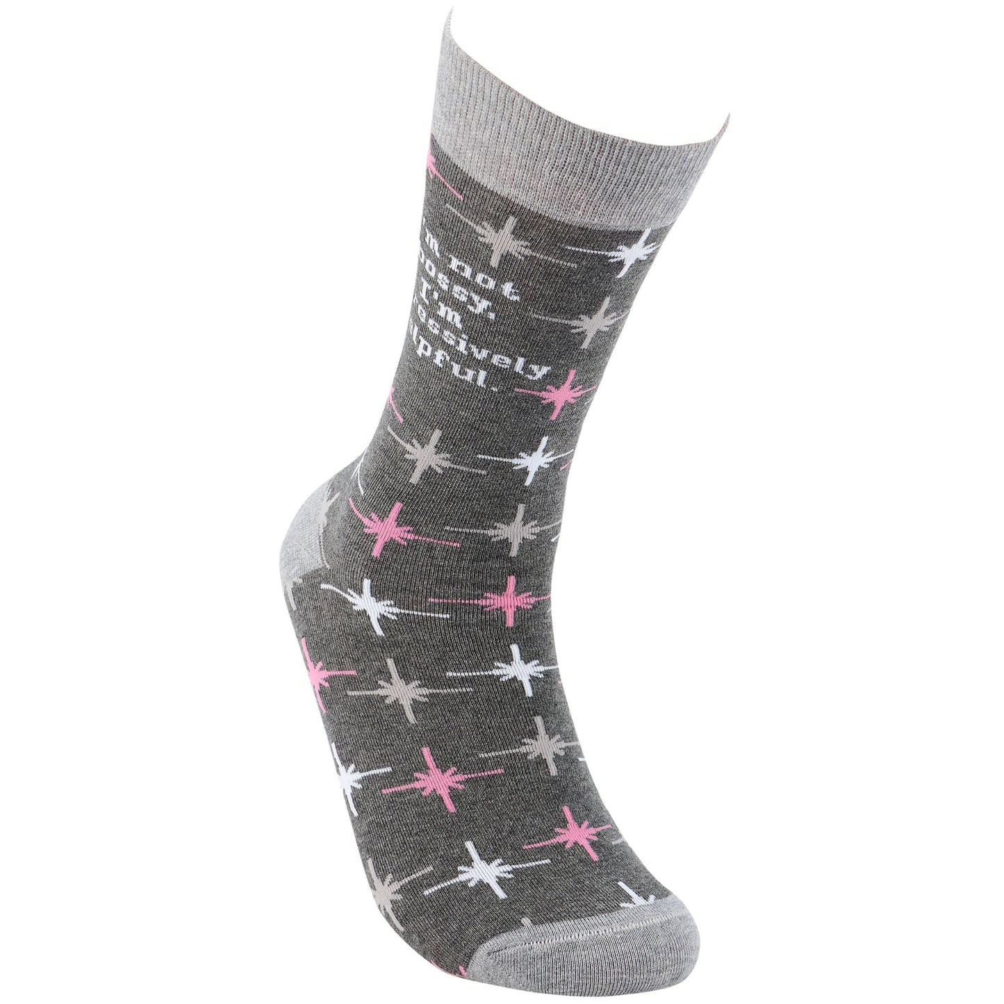Gray sock with star pattern and text on a white background