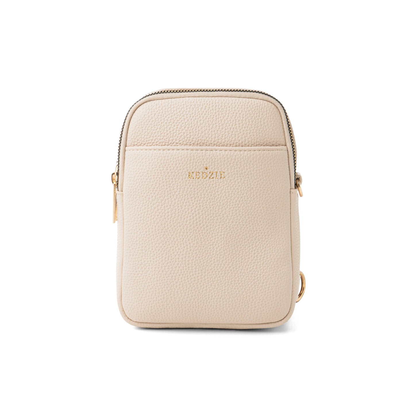 Beige leather crossbody bag on a white background