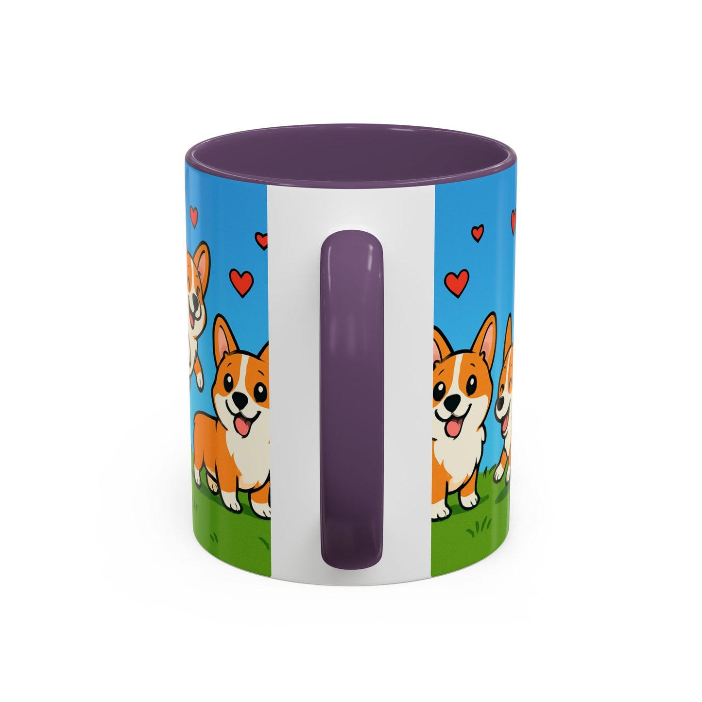 Mug with corgi illustrations and hearts on a blue, white, and green background