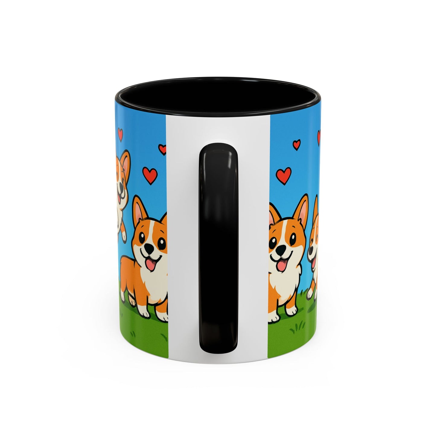 Mug with corgi illustrations and hearts on a white background