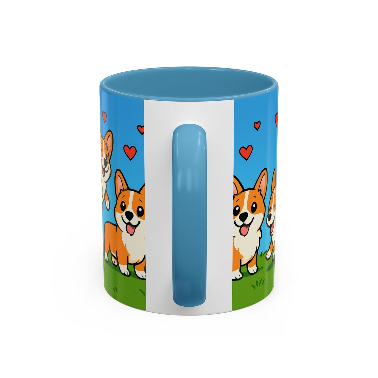 Mug with corgi dog illustrations and hearts on a blue and green background