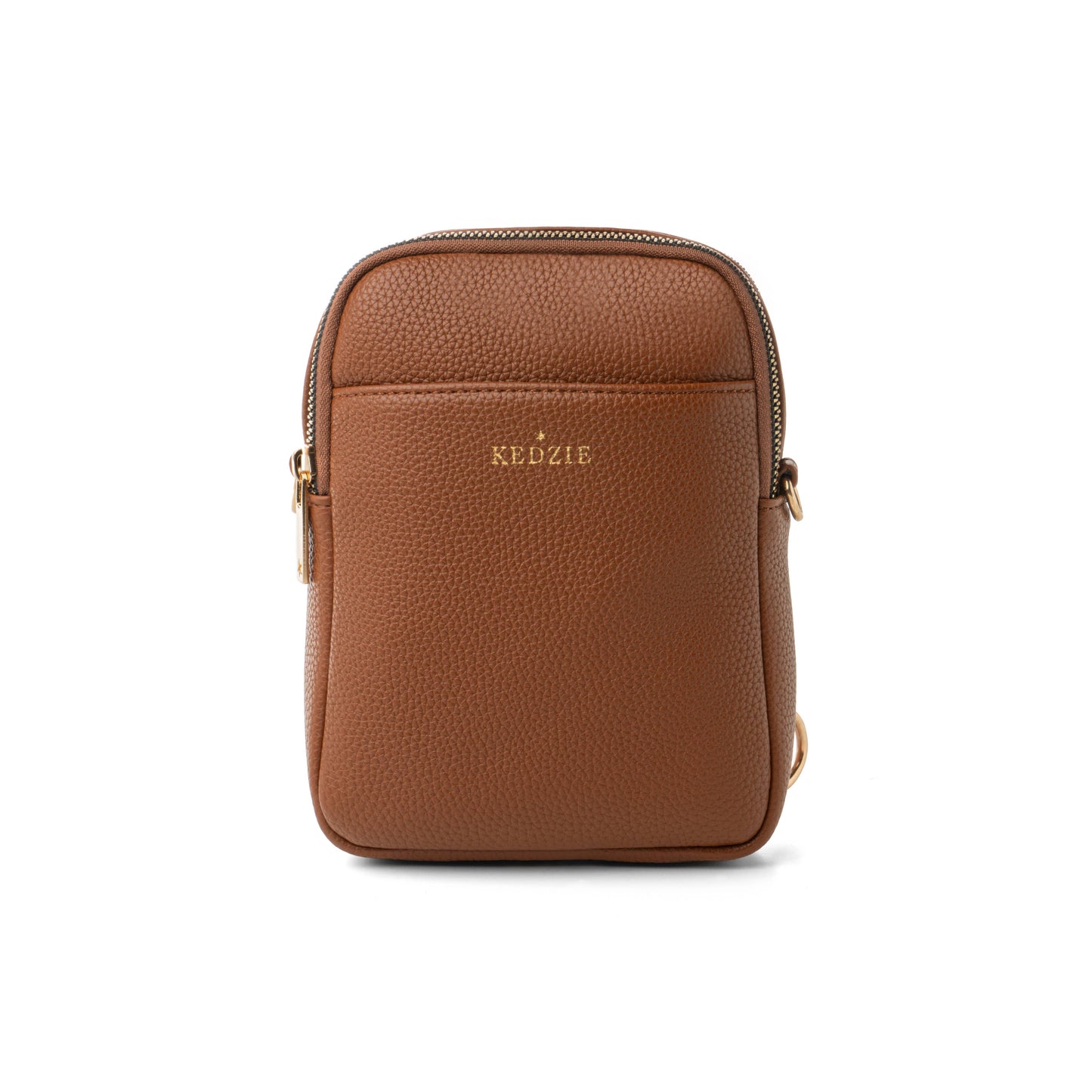 Brown leather crossbody bag on a white background